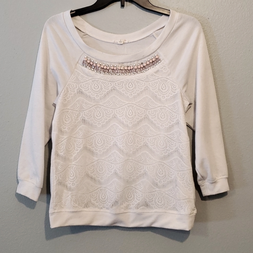 L8ter top size S white, lace frontal beaded neckline